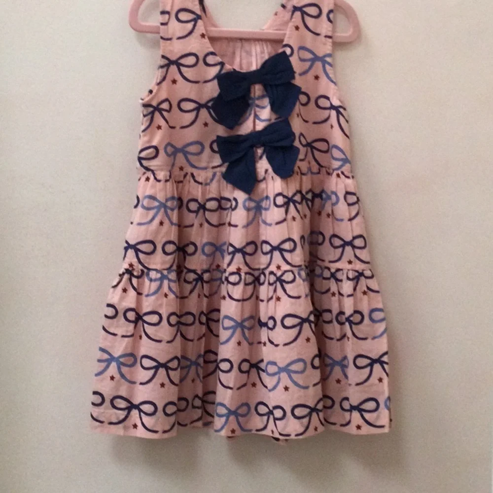 Girls' Pink Bow Print Tiered Dress